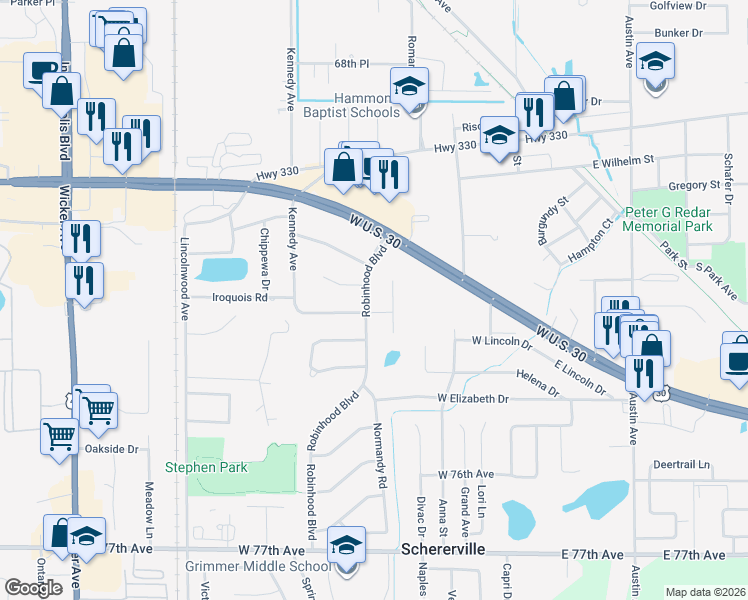 map of restaurants, bars, coffee shops, grocery stores, and more near 1929 Robinhood Boulevard in Schererville