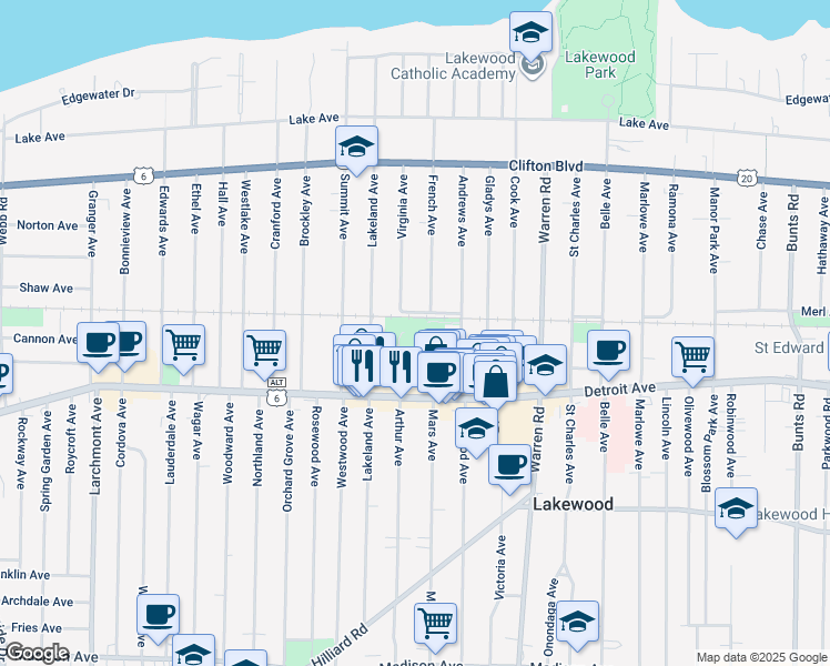 map of restaurants, bars, coffee shops, grocery stores, and more near 15450 Detroit Avenue in Lakewood