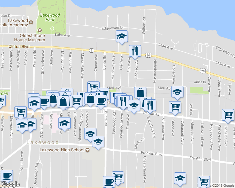 map of restaurants, bars, coffee shops, grocery stores, and more near 1346 Giel Avenue in Lakewood