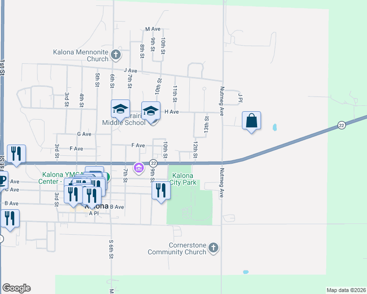 map of restaurants, bars, coffee shops, grocery stores, and more near 1101-1109 E Pl in Kalona