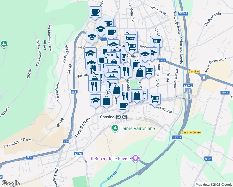 map of restaurants, bars, coffee shops, grocery stores, and more near 109 B Viale Dante in Cassino
