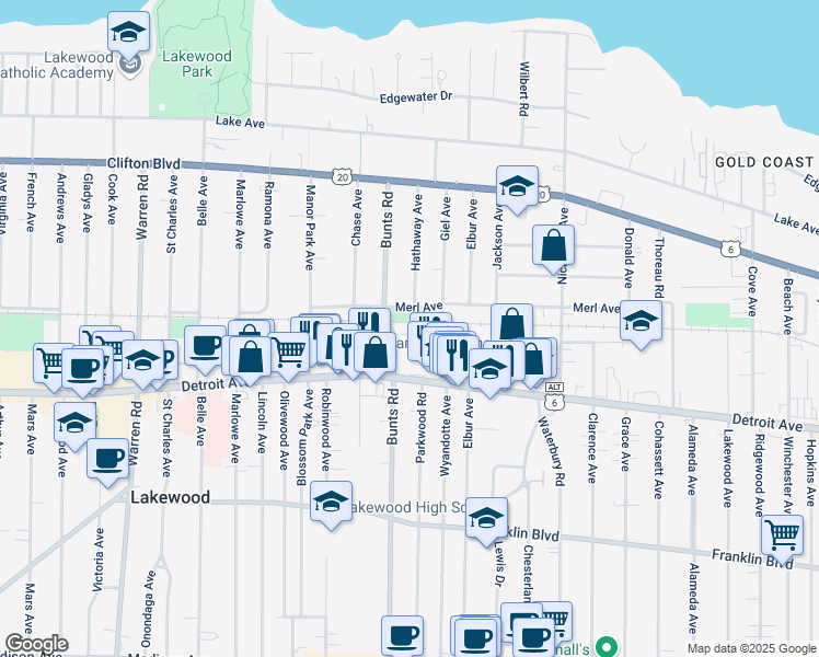 map of restaurants, bars, coffee shops, grocery stores, and more near 1345 Bunts Road in Lakewood