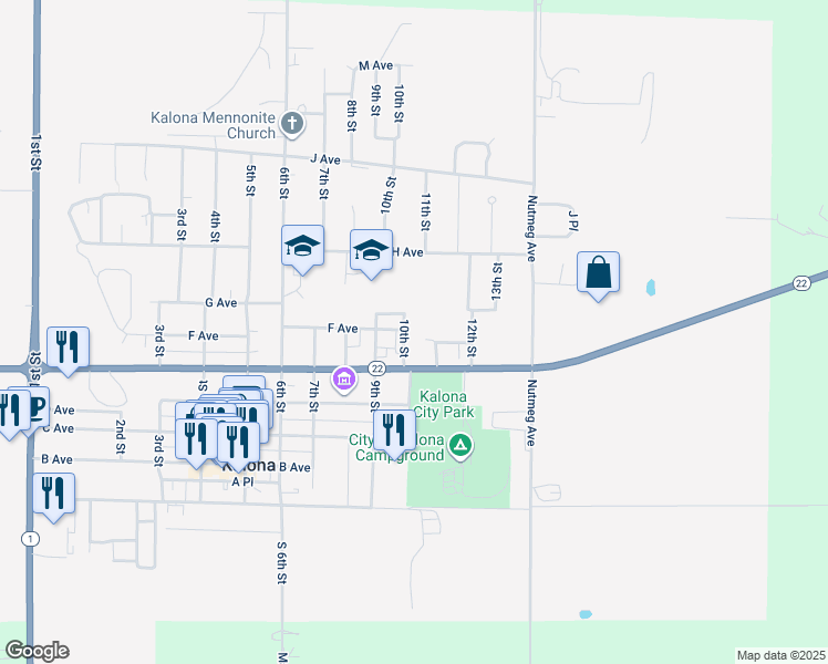 map of restaurants, bars, coffee shops, grocery stores, and more near 1007 10th Street in Kalona