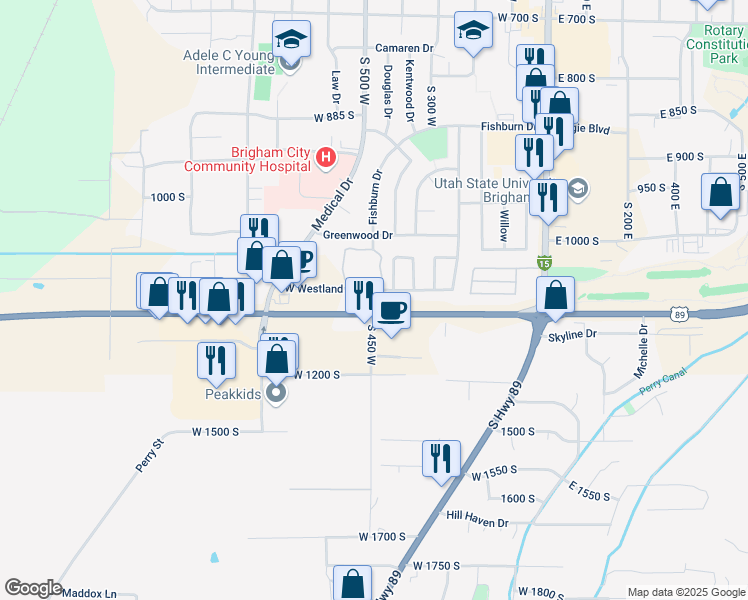 map of restaurants, bars, coffee shops, grocery stores, and more near 443 West Westland Drive in Brigham City