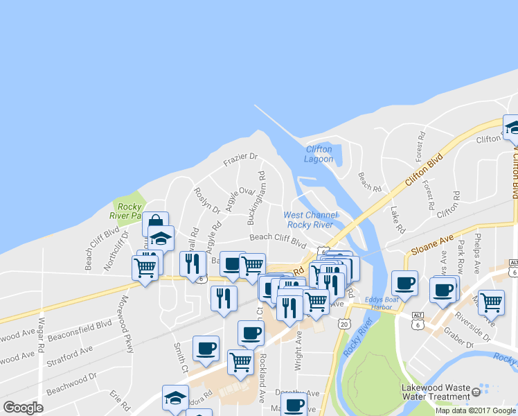 map of restaurants, bars, coffee shops, grocery stores, and more near 201 Buckingham Road in Rocky River