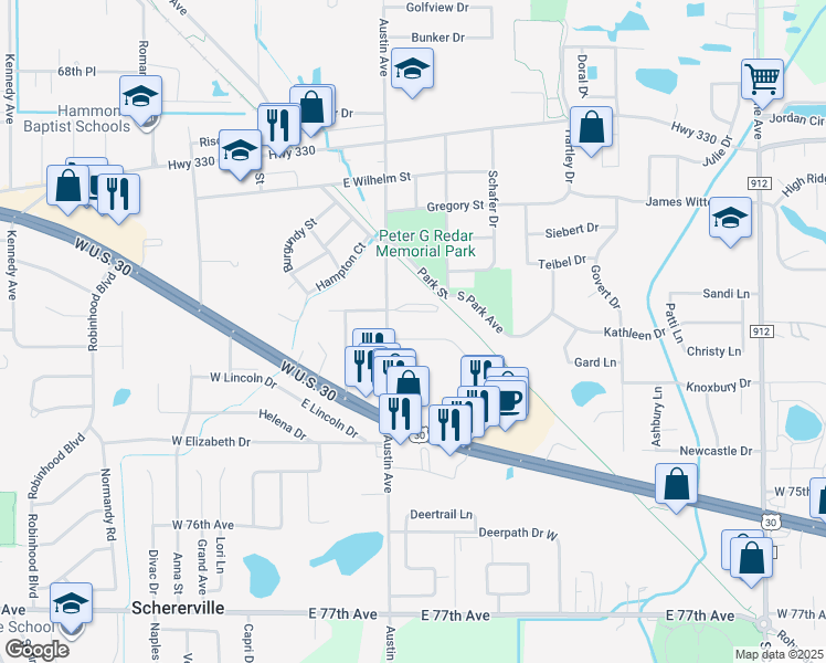 map of restaurants, bars, coffee shops, grocery stores, and more near 222 Fairview Lane in Schererville