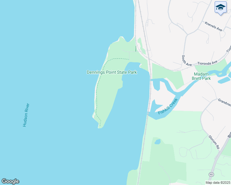 map of restaurants, bars, coffee shops, grocery stores, and more near Dennings Point Trail in Beacon