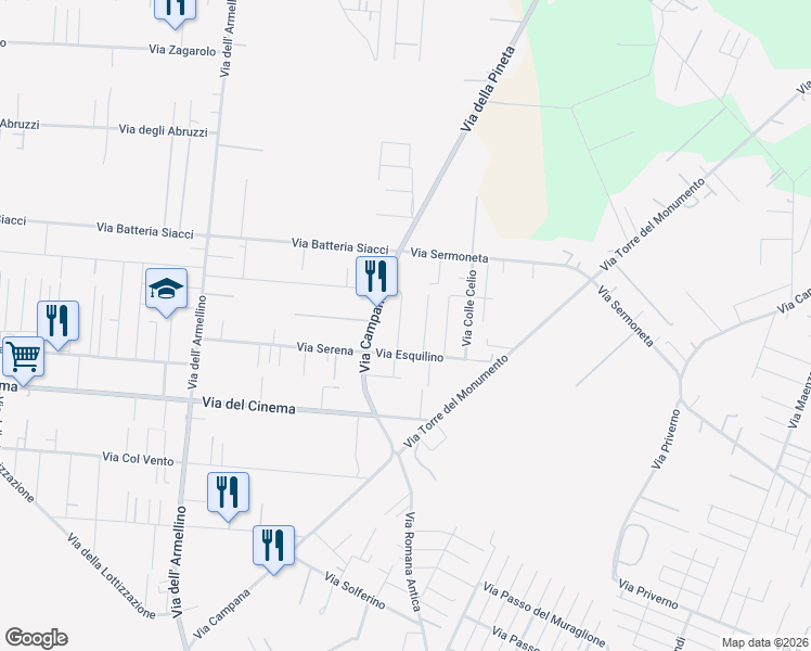map of restaurants, bars, coffee shops, grocery stores, and more near 6 Via Colle Palatino in Nettuno