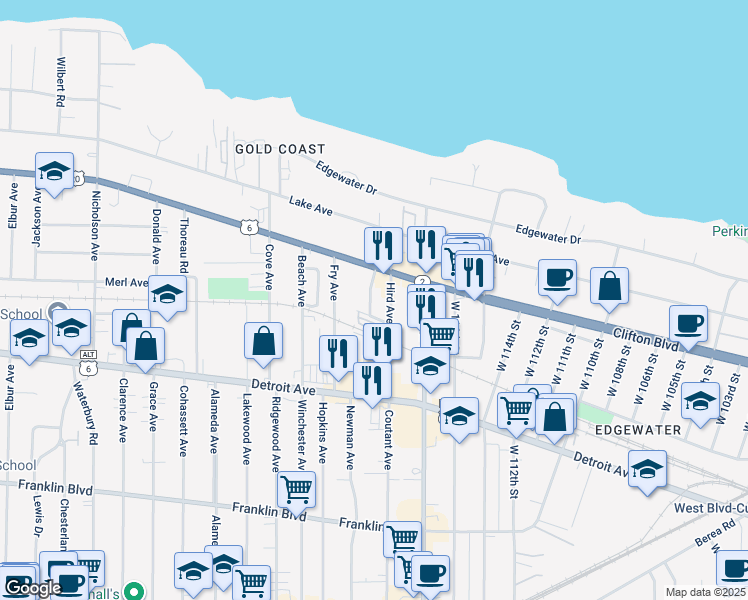 map of restaurants, bars, coffee shops, grocery stores, and more near 1291 Idlewood Avenue in Lakewood
