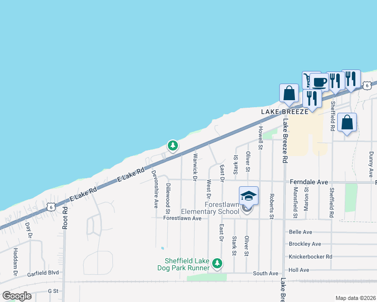 map of restaurants, bars, coffee shops, grocery stores, and more near 3801 Lake Road in Sheffield Lake