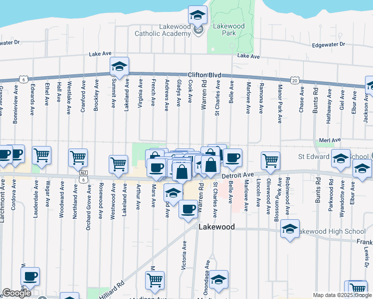 map of restaurants, bars, coffee shops, grocery stores, and more near 1332 Cook Avenue in Lakewood