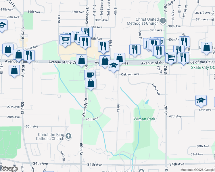 map of restaurants, bars, coffee shops, grocery stores, and more near 348 44th Avenue in East Moline