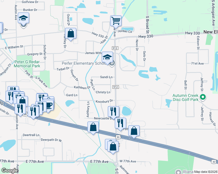 map of restaurants, bars, coffee shops, grocery stores, and more near 731 Kathleen Drive in Schererville