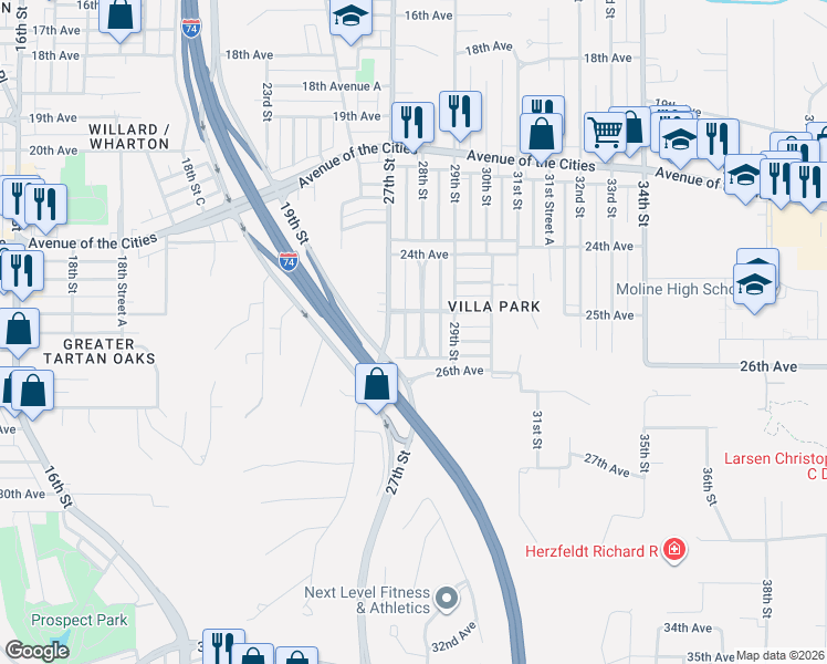 map of restaurants, bars, coffee shops, grocery stores, and more near 2519 28th Street in Moline