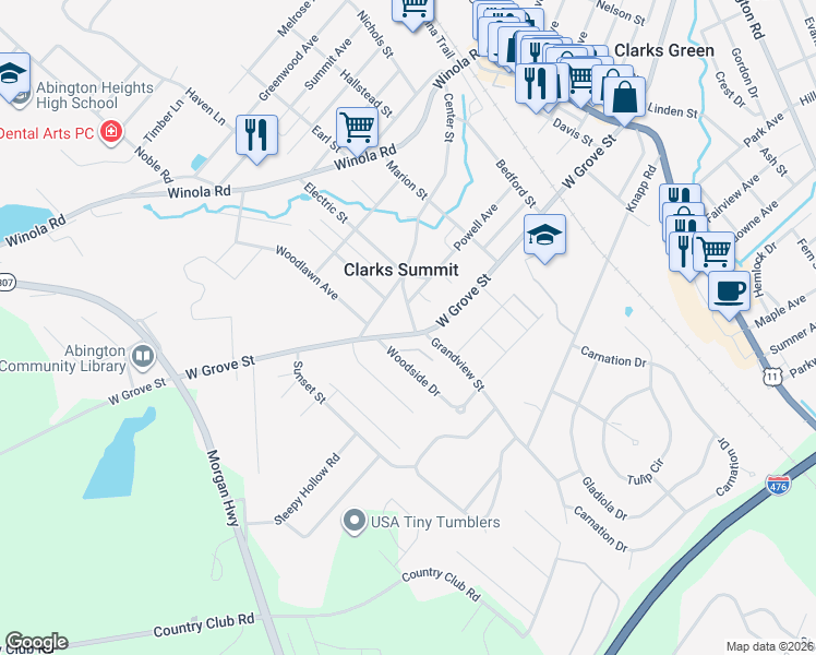 map of restaurants, bars, coffee shops, grocery stores, and more near 802 West Grove Street in Clarks Summit