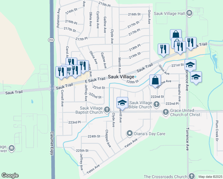 map of restaurants, bars, coffee shops, grocery stores, and more near 1930 221st Street in Sauk Village