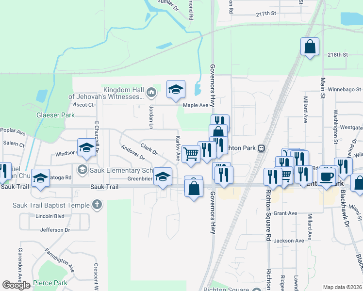 map of restaurants, bars, coffee shops, grocery stores, and more near 22127 Karlov Avenue in Richton Park