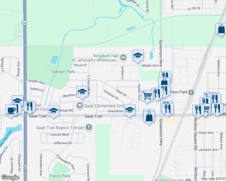 map of restaurants, bars, coffee shops, grocery stores, and more near 4241 Clark Drive in Richton Park