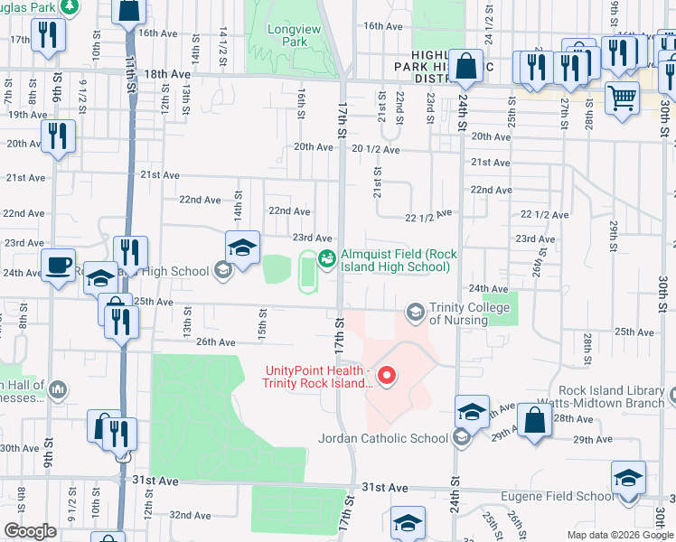 map of restaurants, bars, coffee shops, grocery stores, and more near 2409 17th Street in Rock Island