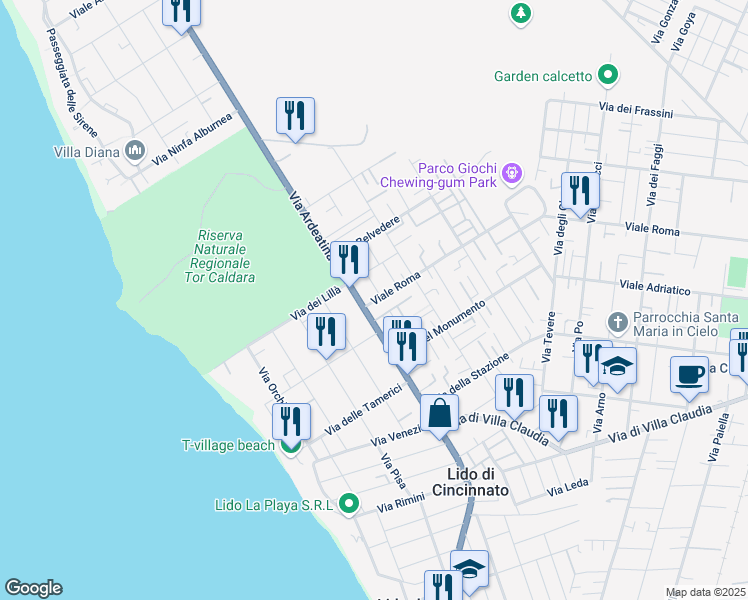 map of restaurants, bars, coffee shops, grocery stores, and more near 7 Viale Roma in Anzio