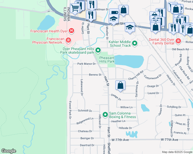 map of restaurants, bars, coffee shops, grocery stores, and more near 210 Berens Street in Dyer