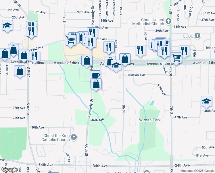 map of restaurants, bars, coffee shops, grocery stores, and more near 321 44th Avenue in East Moline
