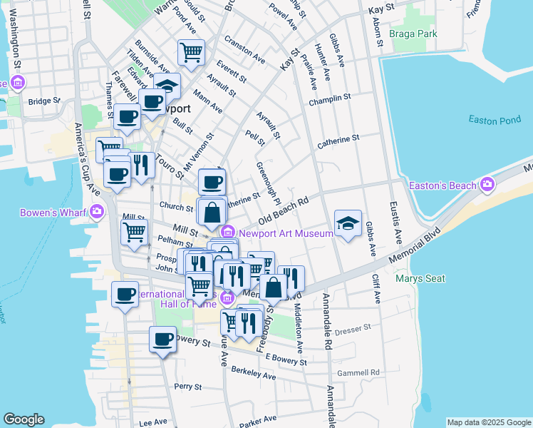 map of restaurants, bars, coffee shops, grocery stores, and more near 30 Old Beach Road in Newport