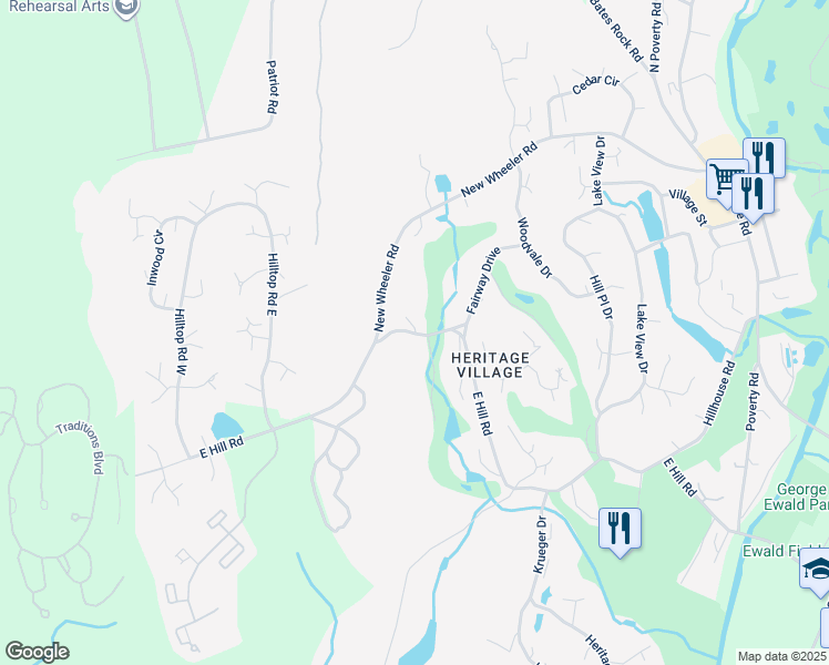 map of restaurants, bars, coffee shops, grocery stores, and more near East Hill Road in Southbury