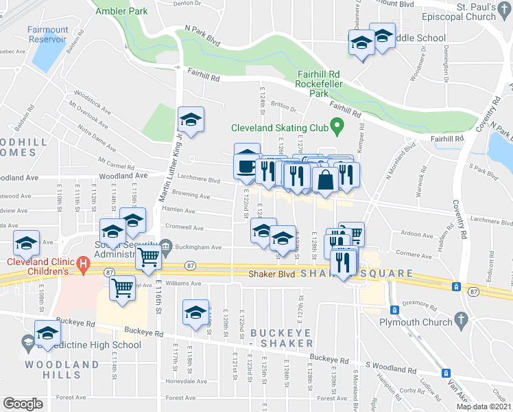 map of restaurants, bars, coffee shops, grocery stores, and more near 2628 East 124th Street in Cleveland