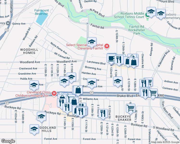 map of restaurants, bars, coffee shops, grocery stores, and more near 11713 Hamlen Avenue in Cleveland