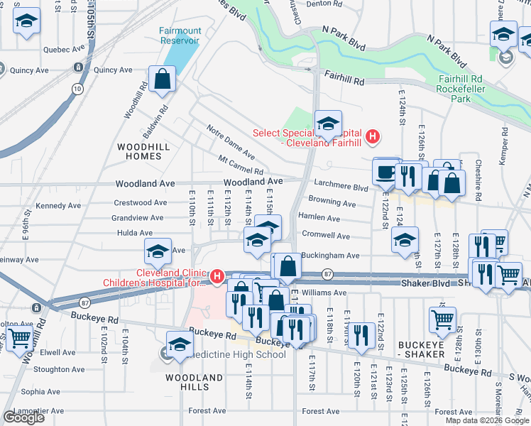 map of restaurants, bars, coffee shops, grocery stores, and more near 2648 East 115th Street in Cleveland
