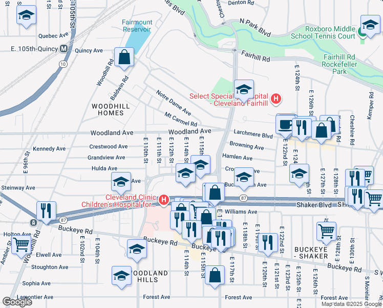 map of restaurants, bars, coffee shops, grocery stores, and more near 2648 East 114th Street in Cleveland