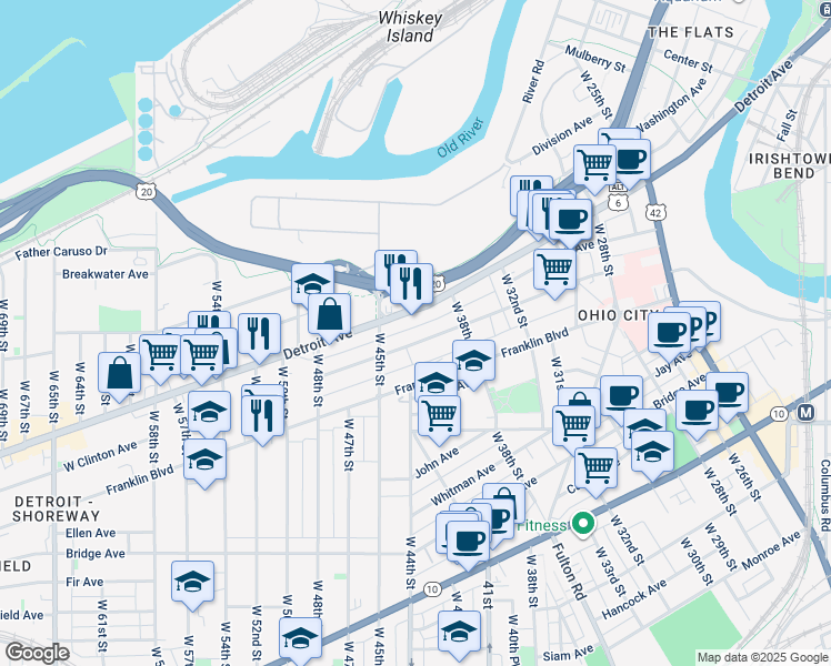 map of restaurants, bars, coffee shops, grocery stores, and more near 4417 Detroit Avenue in Cleveland