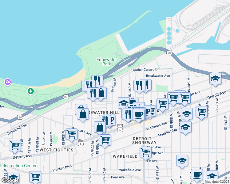 map of restaurants, bars, coffee shops, grocery stores, and more near in Cleveland