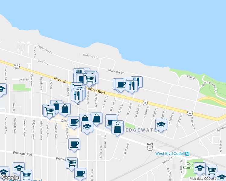 map of restaurants, bars, coffee shops, grocery stores, and more near 11206 Clifton Boulevard in Cleveland