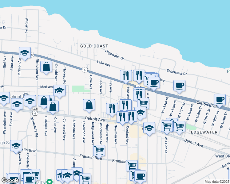 map of restaurants, bars, coffee shops, grocery stores, and more near 1297 Fry Avenue in Lakewood