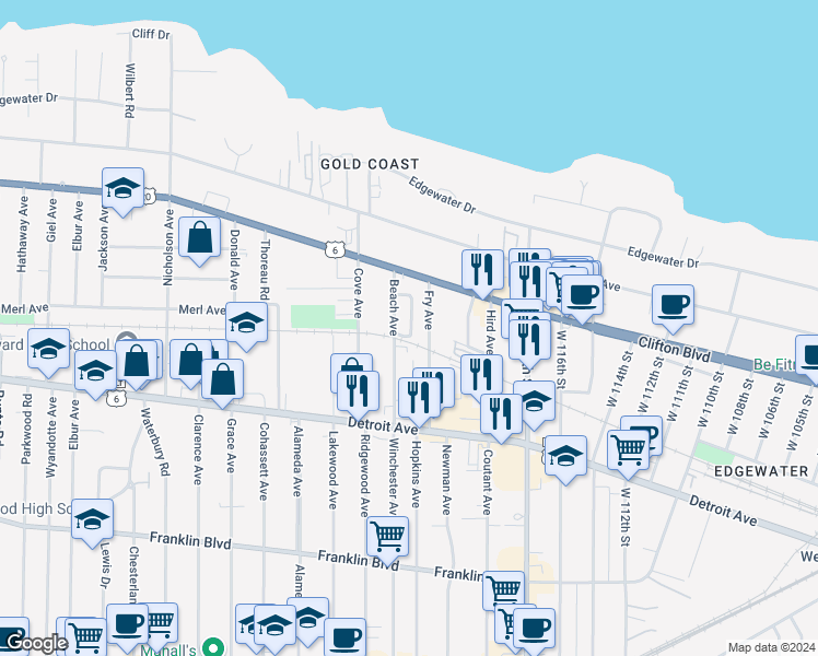 map of restaurants, bars, coffee shops, grocery stores, and more near 1292 Clifton Prado in Lakewood