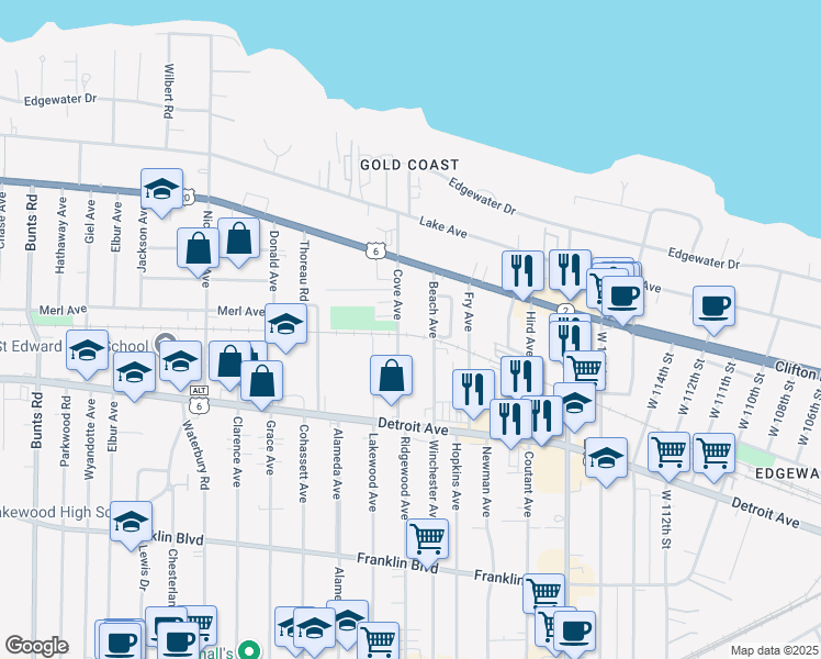 map of restaurants, bars, coffee shops, grocery stores, and more near 1314 Cove Avenue in Lakewood