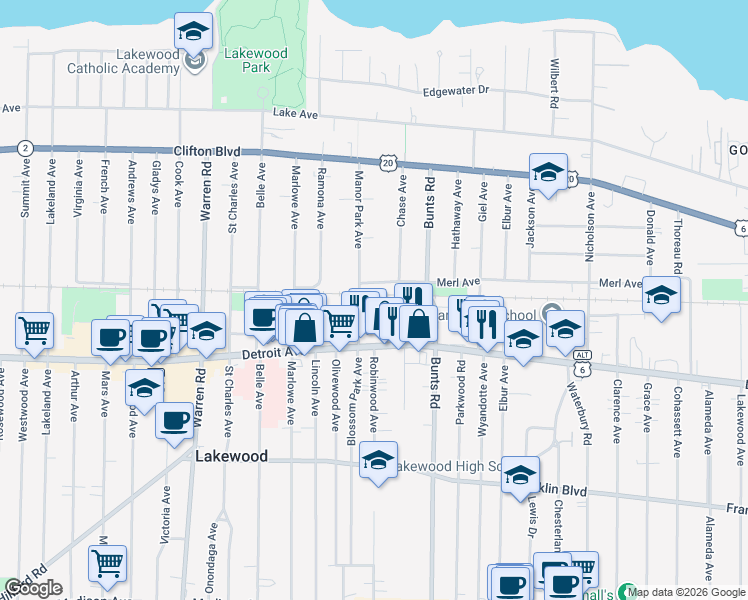 map of restaurants, bars, coffee shops, grocery stores, and more near 1347 Manor Park Avenue in Lakewood