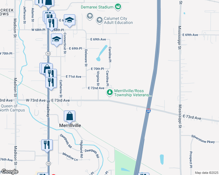 map of restaurants, bars, coffee shops, grocery stores, and more near 581-713 East 72nd Place in Merrillville