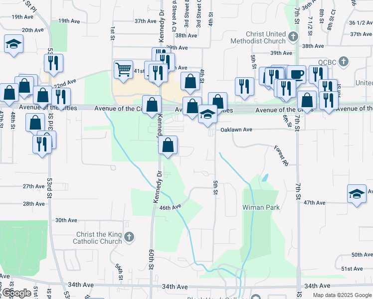 map of restaurants, bars, coffee shops, grocery stores, and more near 321 44th Avenue in East Moline