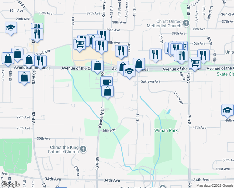 map of restaurants, bars, coffee shops, grocery stores, and more near 321 44th Avenue in East Moline