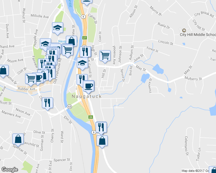 map of restaurants, bars, coffee shops, grocery stores, and more near 41 Culver Street in Naugatuck