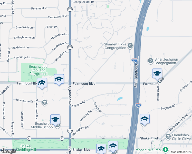 map of restaurants, bars, coffee shops, grocery stores, and more near 26110 North Woodland Road in Beachwood