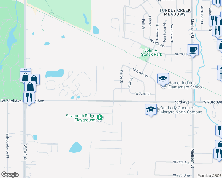 map of restaurants, bars, coffee shops, grocery stores, and more near 7252 Buchanan Street in Merrillville