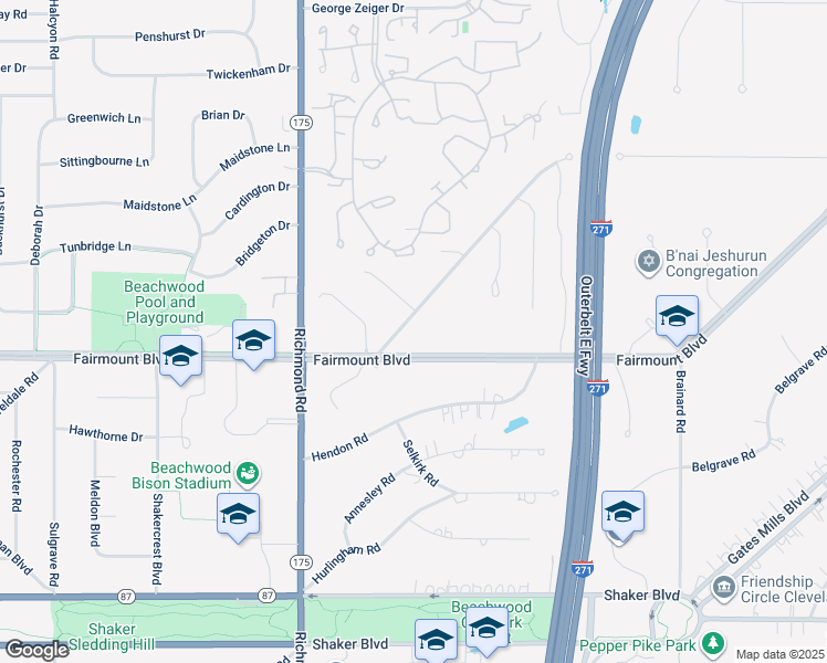 map of restaurants, bars, coffee shops, grocery stores, and more near 26110 North Woodland Road in Beachwood