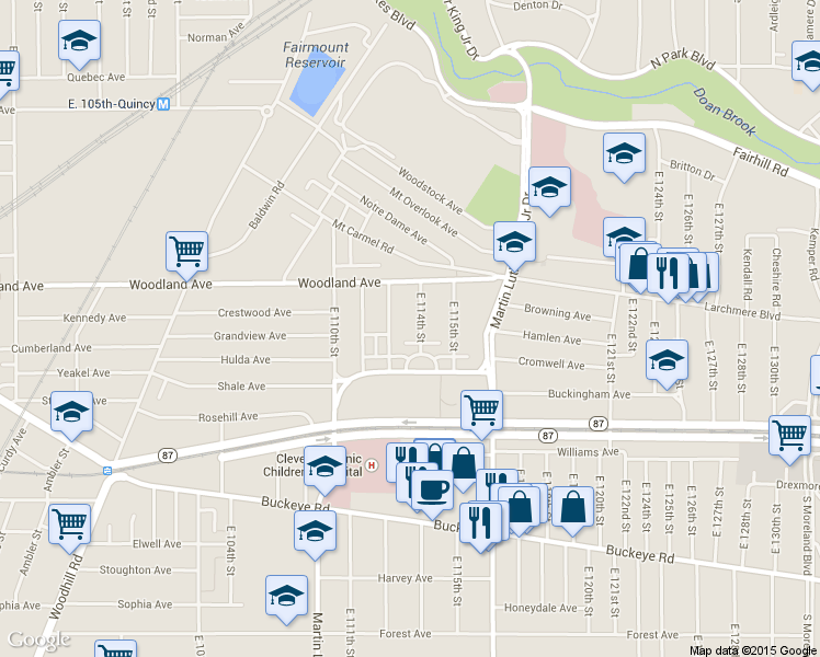 map of restaurants, bars, coffee shops, grocery stores, and more near 2648 E 114th St in Cleveland