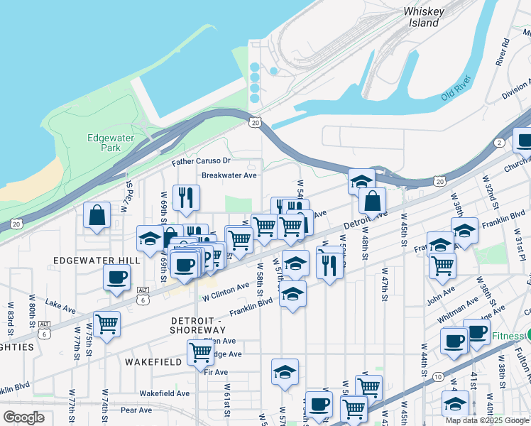map of restaurants, bars, coffee shops, grocery stores, and more near 5709 Herman Avenue in Cleveland