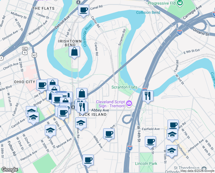 map of restaurants, bars, coffee shops, grocery stores, and more near 2070 West 17th Street in Cleveland
