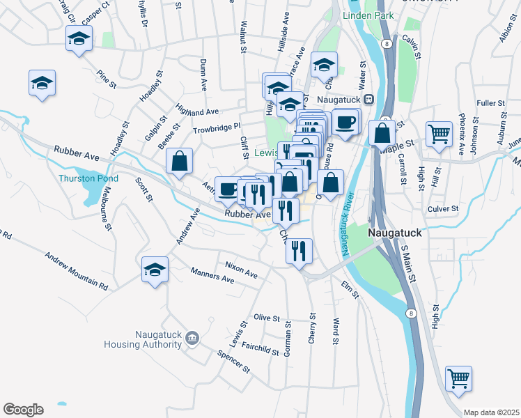map of restaurants, bars, coffee shops, grocery stores, and more near 239 Rubber Avenue in Naugatuck